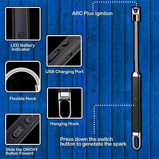 Rechargeable Electric Arc Lighter , Stainless steel electric lighter with LED battery display , Windproof and flameless electric arc lighter , Flexible neck for easy use in any situation