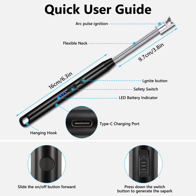 Rechargeable Electric Arc Lighter , Stainless steel electric lighter with LED battery display , Windproof and flameless electric arc lighter , Flexible neck for easy use in any situation